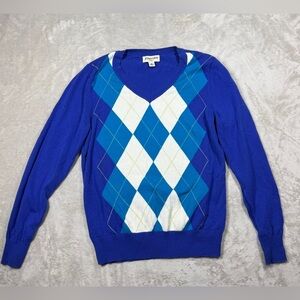 St. John’s Bay Argyle Plaid 100% Cotton V Neck Blue White Sweater Petite Small
